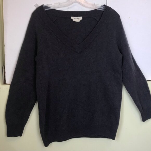 Aritzia Golden TNA Stowe Cashmere Wool V Neck Pullover Sweater Ribbed Layer Top - Picture 2 of 15